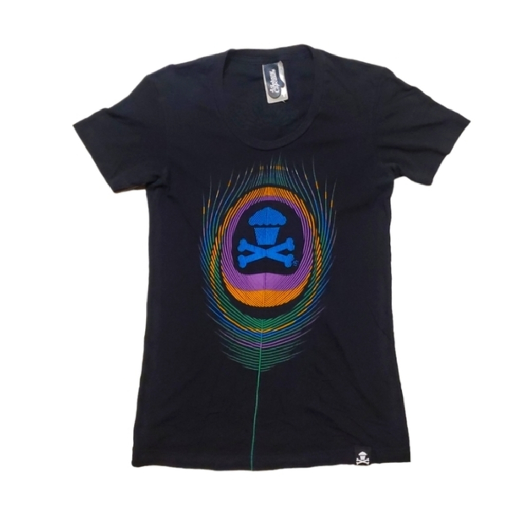 Johnny Cupcakes Women's Black Multi-Color Peacock‎ Feather Logo T-Shirt Small